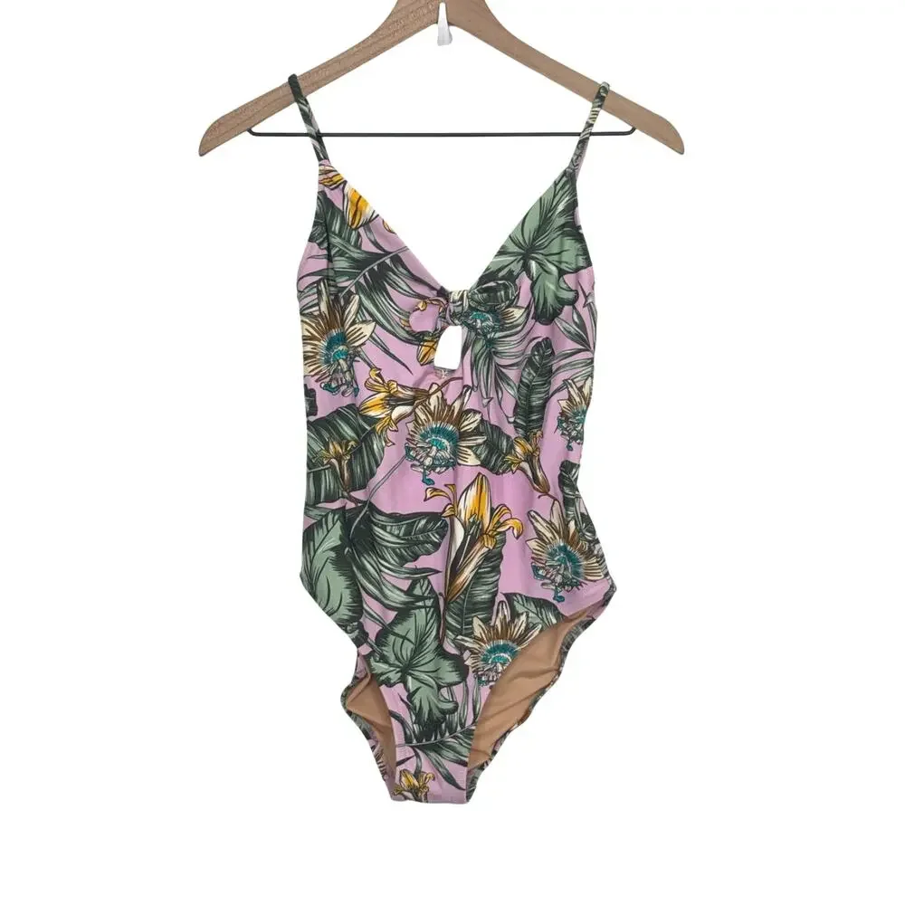 J.Crew Tie Front One Piece Swimsuit Tropical Floral Pink Green Size Small